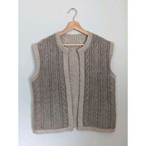 Womens Handknit Merino Wool Sweater Vest Brown Beige Open Handmade Cottage Cabin